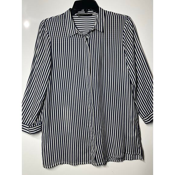 Zara Button Down Blouse Top Black White Striped Casual Preppy Women's Small - Picture 1 of 7